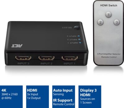 ACT 4K HDMI 3x1 Switch met afstandbediening AC7845