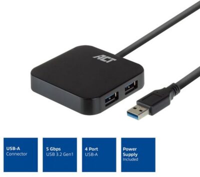 ACT AC6305 USB Hub 3.2 | 5Gbps | 4x USB-A | Stroomadapter | Zwart | 50 cm