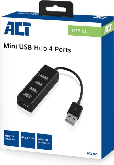 ACT USB2.0 Hub - 4 poorten – Zwart - AC6205