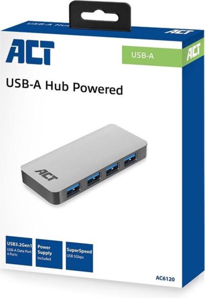 USB Hub met stroomadapter - 4x USB poorten - kabellengte 0.50m - aluminium behuizing - ACT AC6120