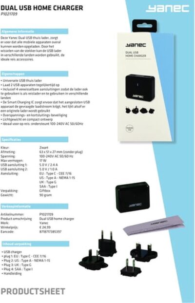 USB Reislader 2 Poort 2.4+1A
